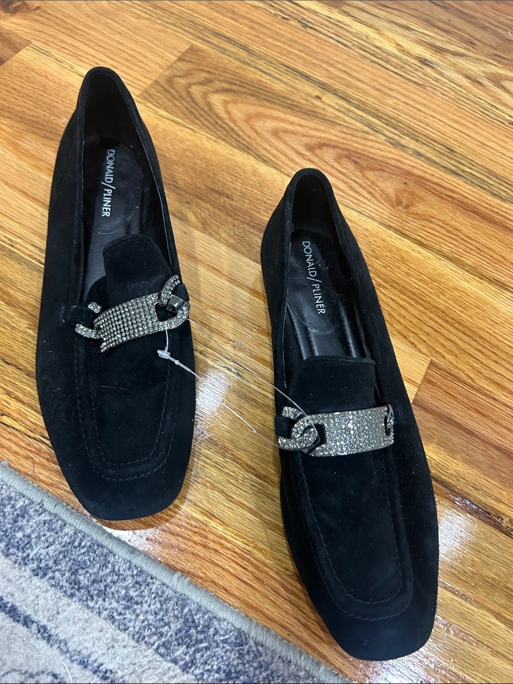 Donald J. Pliner Black Suede Loafers with Rhinestone Chain Accent